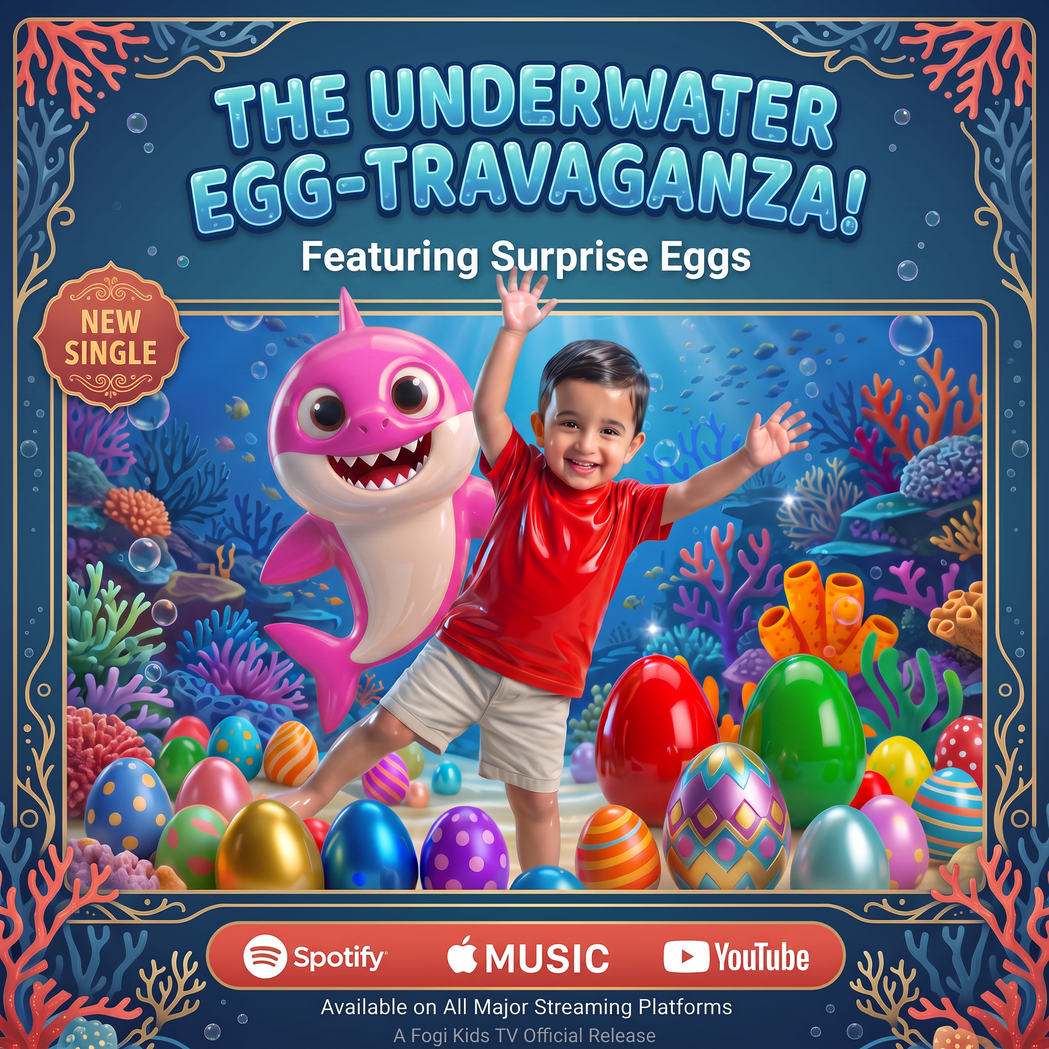 Surprise Eggs Adventure cover art from Fogi Kids TV: a smiling toddler and a friendly pink cartoon shark dancing among colorful surprise eggs on a coral reef